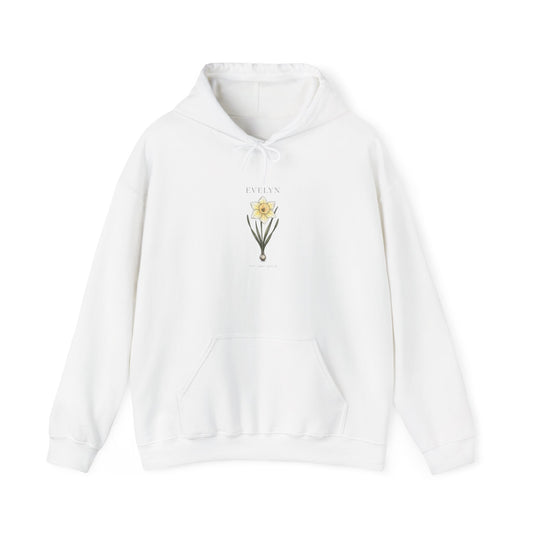 Daffodil Birth Month Flower Hoodie | Personalized Botanical, Line Art Watercolor